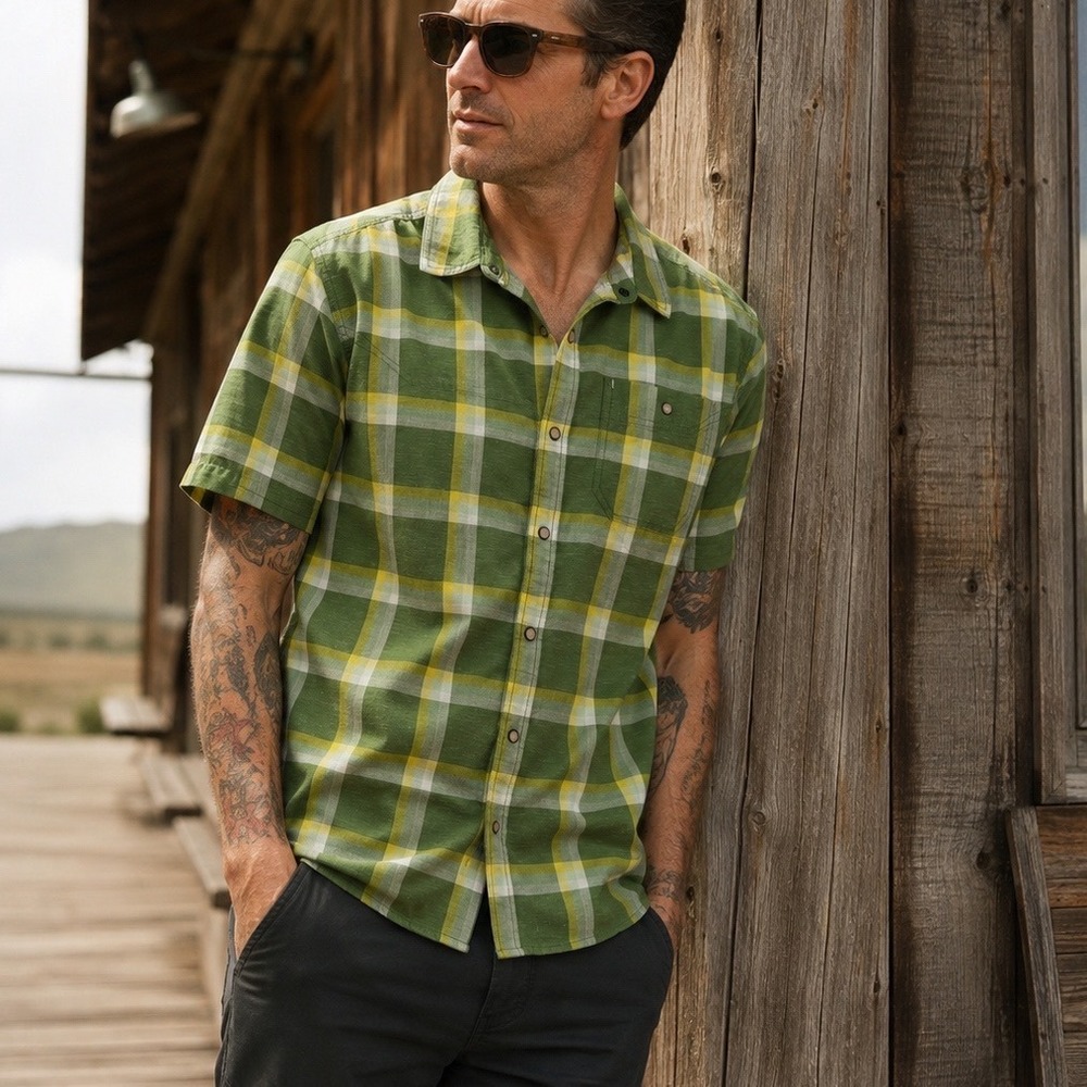 Stio Button-Up Shirt Men XL Green Plaid Short Sleeve Snap Western 2381